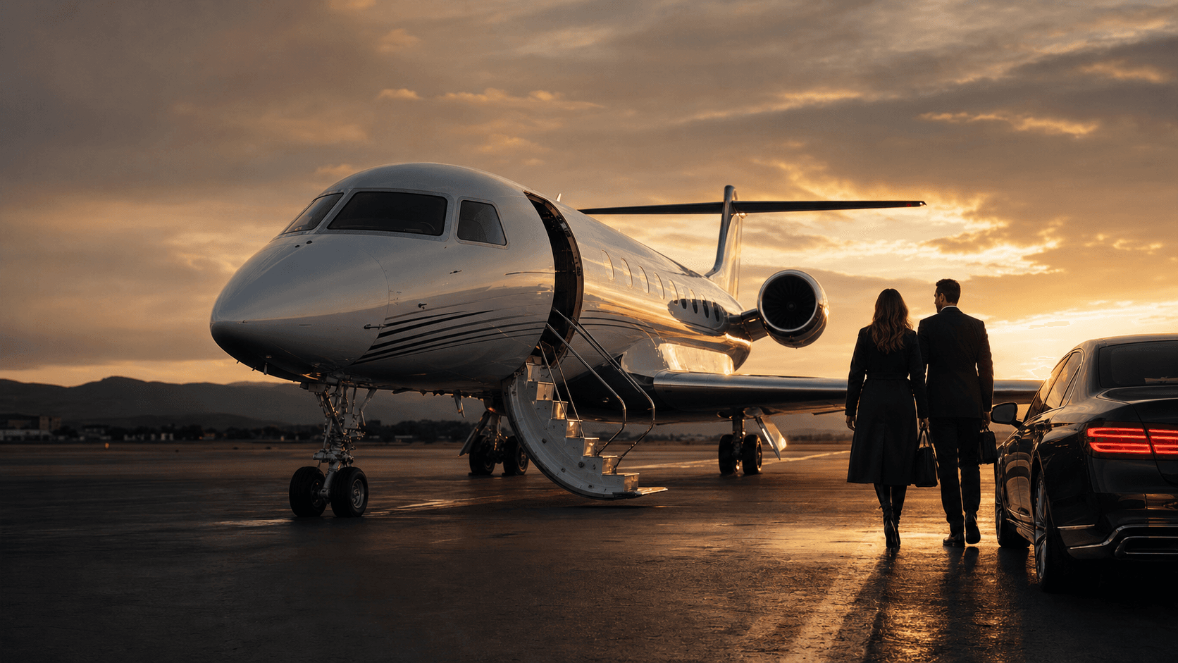 Illustrative private aviation scene at sunset
