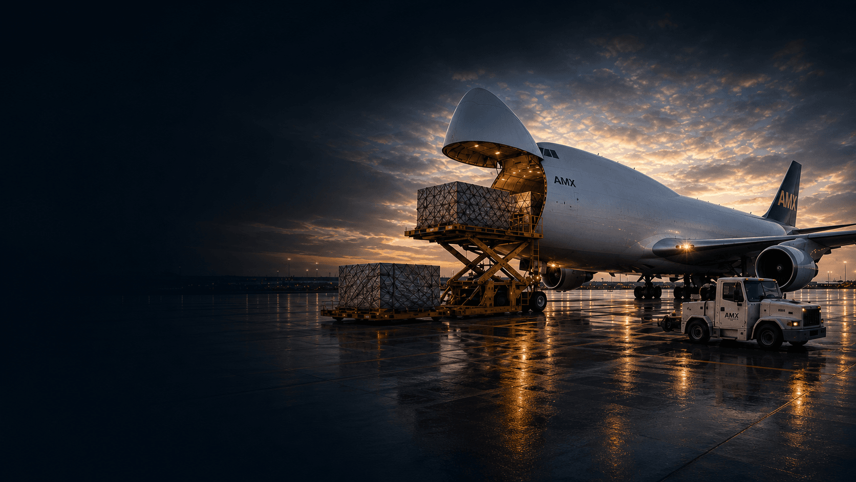 Cargo aircraft loading ULD pallets on a wet airport ramp at sunset